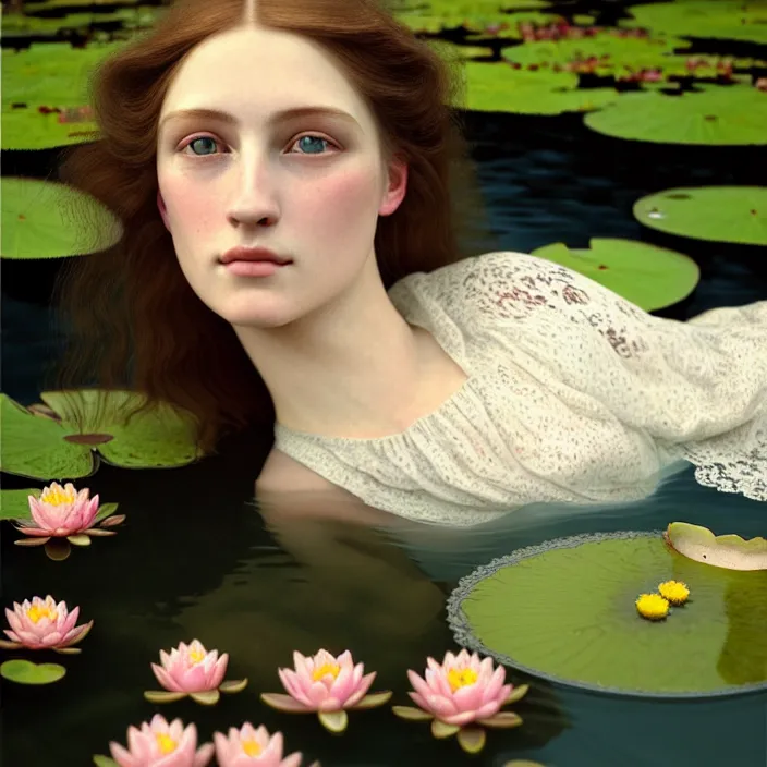 Image similar to Kodak Portra 400, 8K, soft light, volumetric lighting, highly detailed, britt marling style 3/4 ,portrait photo of a beautiful woman how pre-Raphaelites painter, with her face emerging from the water of a pond with water lilies, a beautiful lace dress and hair are intricate with highly detailed realistic beautiful flowers , Realistic, Refined, Highly Detailed, natural outdoor soft pastel lighting colors scheme, outdoor fine art photography, Hyper realistic, photo realistic