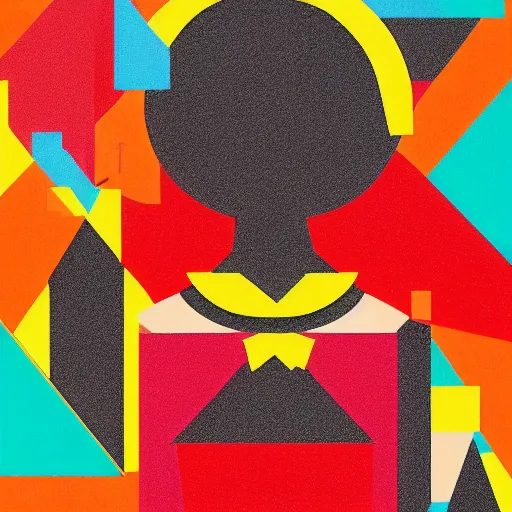 Prompt: a girl wearing a red dress, geometric shapes, in the style of kurzgesagt, high contrat