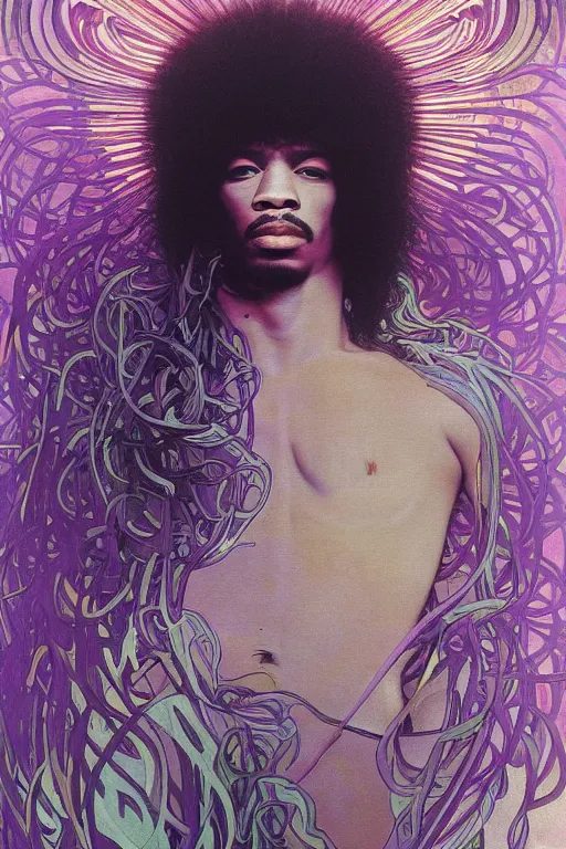 Image similar to A mesmerizing 8k hyperrealistic portrait of a purple jimi hendrix transforming into a purple haze, soft, sharp focus, detailed, art by Alphonse Mucha