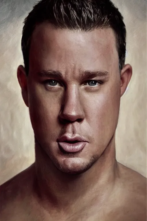 Image similar to channing tatum made out of a tater tot, oil on canvas, intricate, portrait, 8 k highly professionally detailed, hdr, cgsociety