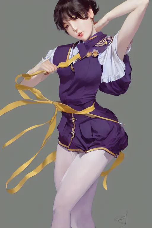 Prompt: Full View of Eunha from Viviz and gFriend with short hair wearing a purple military uniform and short puffy pants, white leggings, Golden Ribbon, and a billowy scarf. Rhythmic gymnastics poses. masterpiece 4k digital illustration by Ruan Jia and Mandy Jurgens and Artgerm and greg rutkowski, award winning, Artstation, art nouveau aesthetic, Alphonse Mucha background, intricate details, realistic, panoramic view, Hyperdetailed, 8k resolution, intricate art nouveau