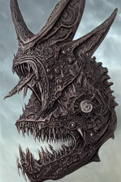 Prompt: sideview waist up portrait of anglerfish wear baphomet armor made with porcelain by jeff easley and peter elson, beautiful eyes and face, symmetry face, galaxy, gothic, surreal, dread, highly detailed, intricate complexity, epic composition, magical atmosphere, masterpiece, award winning, trending on artstation