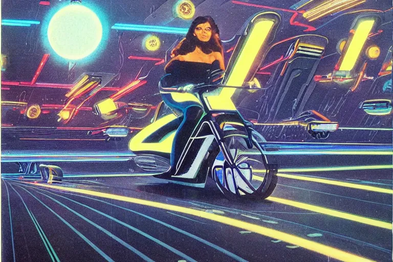 Prompt: 1979 OMNI Magazine Cover of a set of Tron Light Cycles on the Grid. in cyberpunk style by Vincent Di Fate