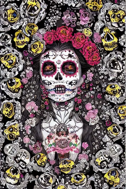 Image similar to baroque bedazzled gothic royalty frames surrounding a pixelsort emo demonic horrorcore Japanese Illustration of a sugar skull day of the dead girl, art by satoshi kon, sharpened early computer graphics, remastered chromatic aberration