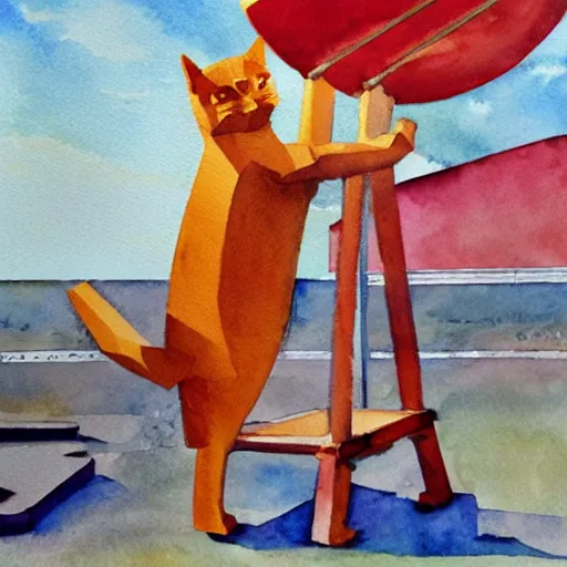 Image similar to filmic excited glowing island square ginger cat xylophone neutron steel, by jeff easley and edward hopper and robert rauschenberg, watercolor, 4 k, low poly