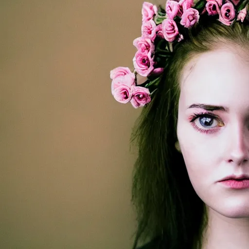 Prompt: photo portrait of a woman with flowers for eyes