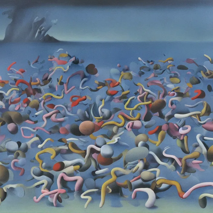 Image similar to the first colors getting out of the primordial soup to walk on land. painting by yves tanguy, walton ford