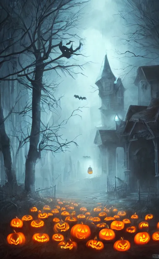 Image similar to a creepy and eery Halloween setting, with Jack o lanterns on the street and ghost roaming around, dynamic lighting, photorealistic fantasy concept art, stunning visuals, creative, cinematic, ultra detailed, trending on art station, spooky vibe