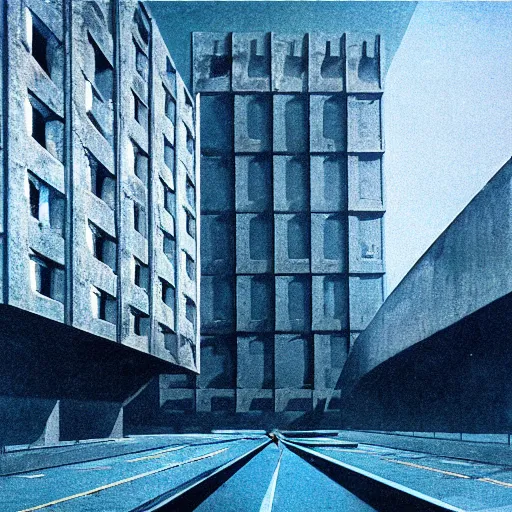 Image similar to 1984, Orwellian dystopia, brutalist buildings, deep blue atmosphere, blue hour