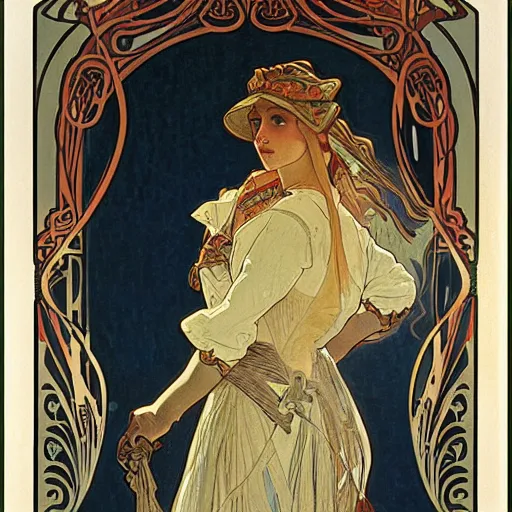 Image similar to A blonde horsewoman by Alphonse Mucha