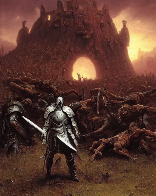 Image similar to a heavily armoured death knight standing in a battlefield of fallen warriors, by thomas cole and wayne barlowe