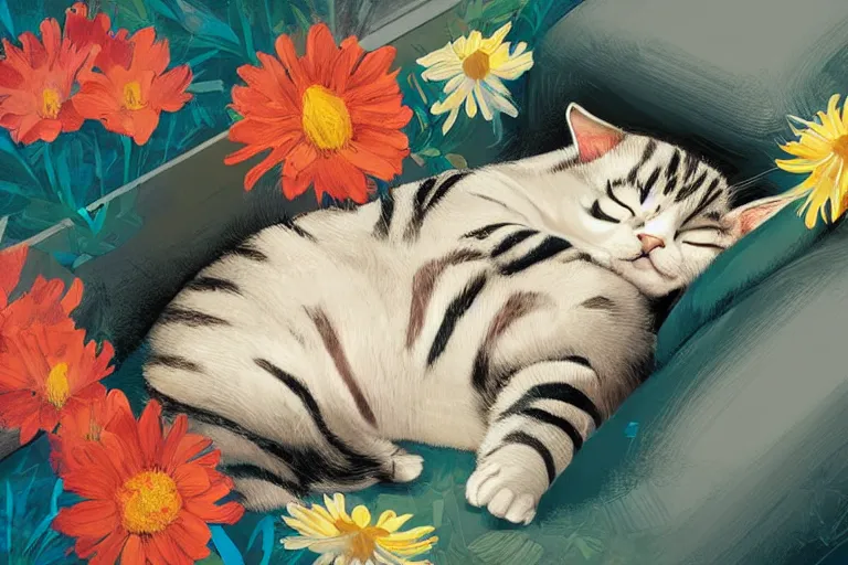 Image similar to a digital art of an american shorthair sleeping in the room with flowers around in the afternoon, the sun shines in, animal, light effect, highly detailed, by anton fadeev