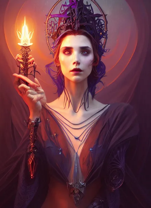 Image similar to a beautiful cinematic female Necromancer Sorceress, galatic shamen with Quantum energy fantasy, fantasy magic, undercut hairstyle, dark light night, intricate, elegant, sharp focus, illustration, highly detailed, digital painting, concept art, matte, art by WLOP and Artgerm and Greg Rutkowski and Alphonse Mucha, masterpiece