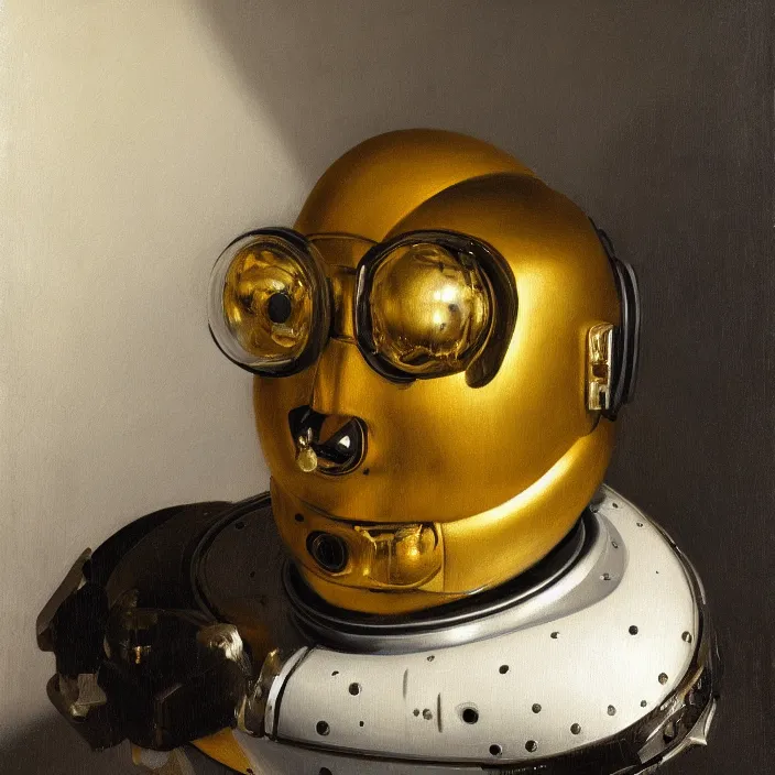 Prompt: still life painting of a robot head by pieter claesz, oil on canvas, strong lighting, highly detailed, hyper realism, golden hour, god rays, hd, 4 k