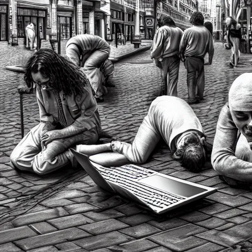 Image similar to a group of realistic bums using laptops near on street, highly detailed, intricate, sharp focus, digital art, 8 k