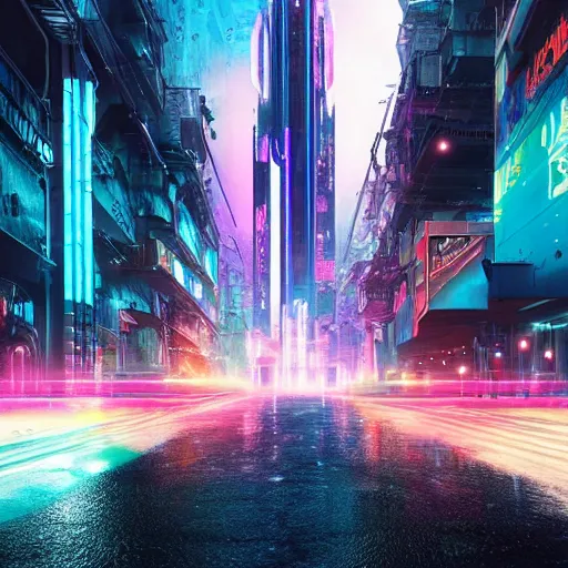 Prompt: hyper realistic cyberpunk cityscape 8k raining neon blade runner