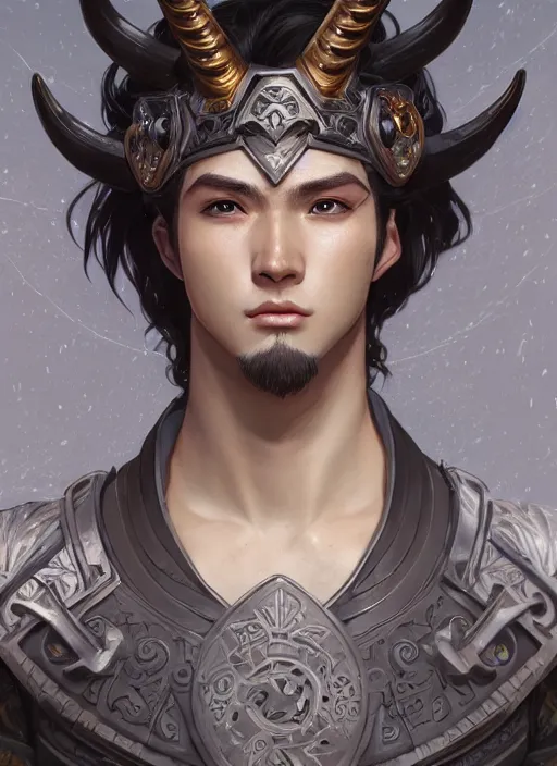 Prompt: portrait of a handsome young warrior with horns, clean - shaven, realistic anime, intricate, highly detailed, unreal engine 5, 8 k, digital fantasy illustration, art by rossdraws and alphonse mucha, sharp focus, octane render, trending on artstation,