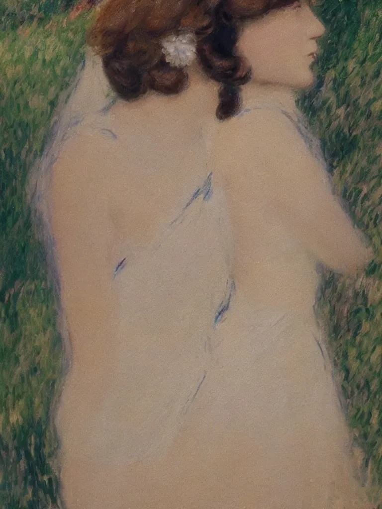 Image similar to portrait of < zelda fitzgerald > as a beautiful young lady wearing 1 9 2 0 s fashion, blurry face, brown hair, slim, fair, severe out of focus, depth of field, pleinairism, in the sun, backlit, closeup, oil on canvas, atr by monet, in the style of le promenade, smooth, impressionnisme, 8 k