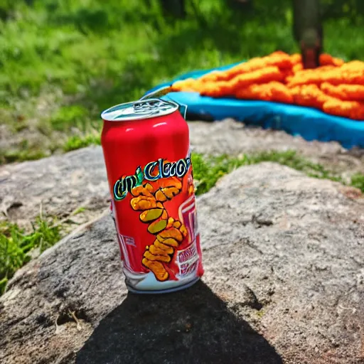 Image similar to a can of cheetos soda at a picnic in the park