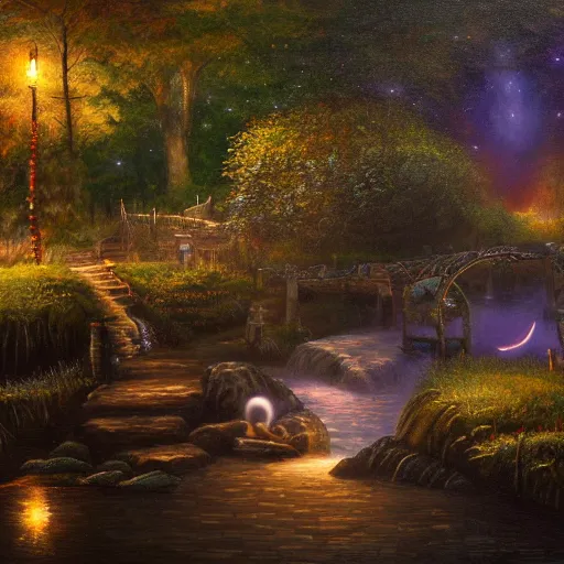 Prompt: realist painting, high detail, woodland village, in the night, fantasy, crescent moon, stone paths, bridge, water stream, luminous, toadstools, fireflies, fantasy,, flowers, waterfall, lanterns, mist, highly detailed painting, fine lines, 8 k realistic, sharp focus