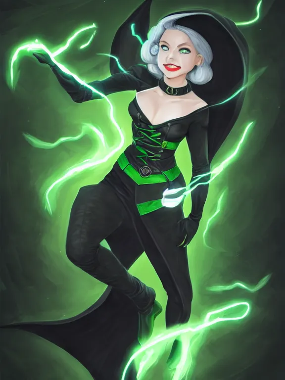 Prompt: full body portrait of a female wizard in a classroom, skintight black bodysuit, black pants, dark blue cape, only two arms, green hair, attractive, green eyes, white face, cute smile, lightning, very detailed face, highly detailed, dnd, high fantasy, digital illustration, by rossdraws