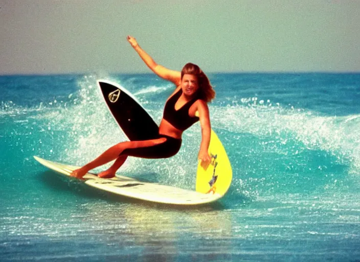 Image similar to color photo. surfer girl riding a big wave in the 8 0's. sharkfins in the water