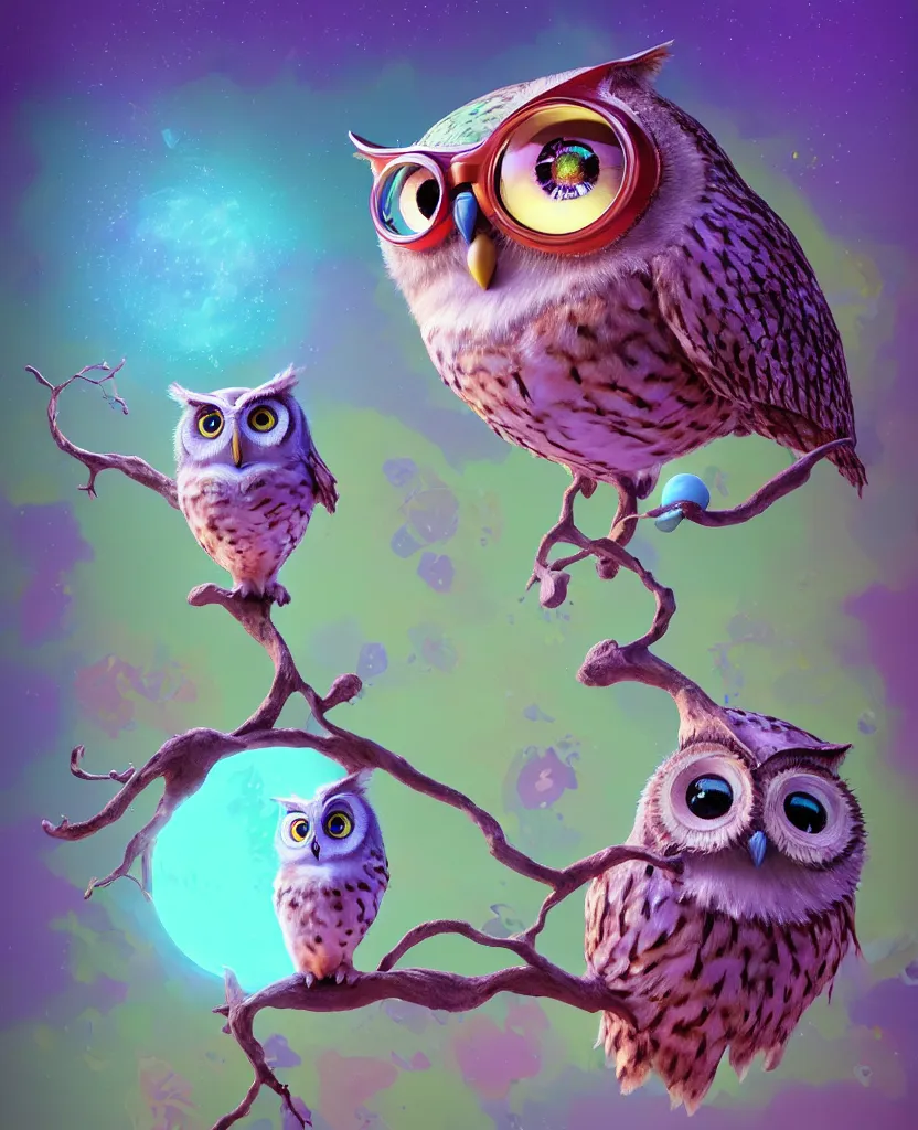 Prompt: a dreamy otherworldly 3 d render of wise owl with one eye, pixiv fanbox, dramatic lighting, maximalist pastel color palette, splatter paint, pixar and disney exploded - view drawing, graphic novel by fiona staples and dustin nguyen, peter elson, alan bean, wangechi mutu, clean cel shaded vector art, trending on artstation