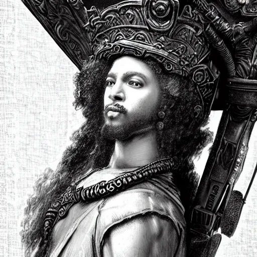 Prompt: black Jesus, steampunk, highly detailed, full figure, ascending into heaven, black and white matte painting, Rembrandt