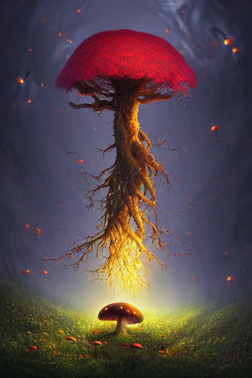 Prompt: a beautiful digital illustration painting of a detailed foreboding skies fantasy fireflies and roots, dark mushroom, flowers by benoit b. mandelbrot, steven belledin, martin johnson heade, lee madgwick, caspar david friedrich, and david rios ferreira. 8 k resolution trending on artstation concept art digital illustration