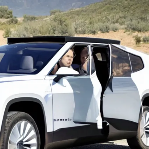 Prompt: Elon Musk sitting in the driver's seat of a Rivian RT1