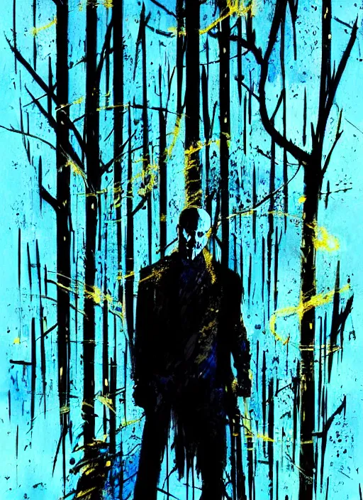 Image similar to horror art, jason statham vampire hunter, blue and gold trees in the background, art by jock