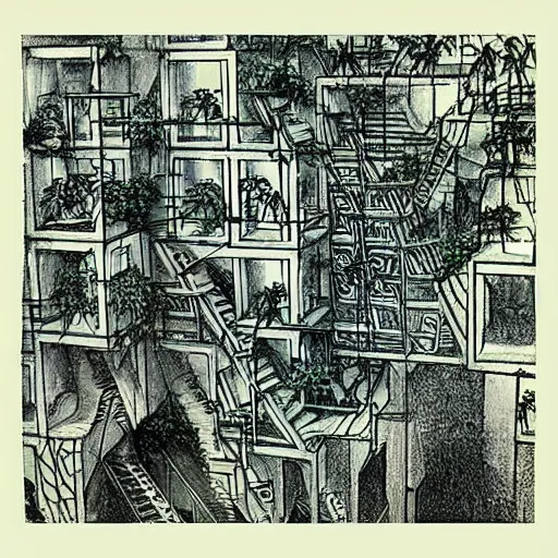 Prompt: “the hanging gardens of Babylon mixed with an m. C. Escher sketch”