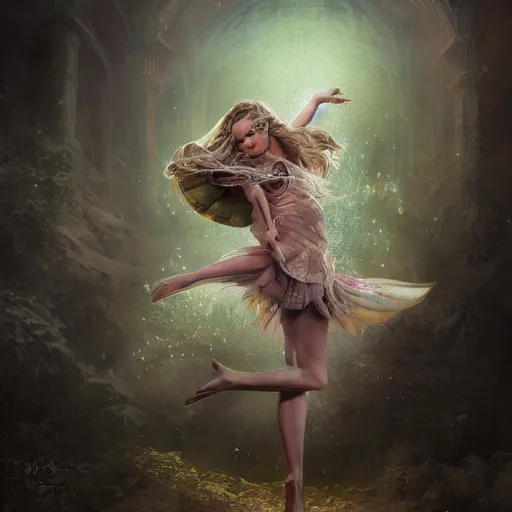 Image similar to full body pose, hyperrealistic mixed media painting of beautiful fairy, dim volumetric lighting, 8 k, octane beautifully detailed render, extremely hyper detailed, intricate, epic composition, cinematic lighting, masterpiece, trending on artstation, very very detailed, masterpiece, stunning, hdr, smooth, sharp focus, high resolution, award, winning photo, dslr, 5 0 mm