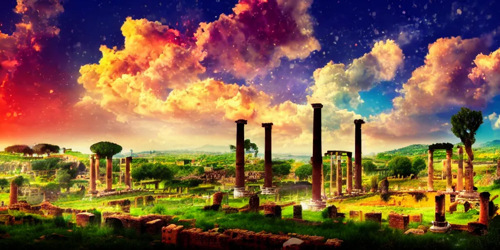 Prompt: spiritual chakra energies in the ruins of ancient rome, dreamy sky, olive fields in the distance, very colorful painting 8 k trending on art station, intricate superb details, digital art, cinematic lighting, volumetric lighting, photographic, blur bokeh defocus dof sky by afremov, award winning masterpiece.