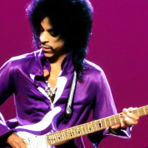 Prompt: candid photo of Prince playing guitar in purple rain reality