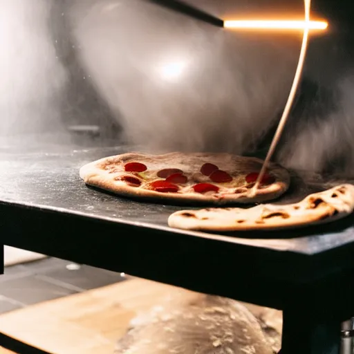 Prompt: Action photo of a pizza dough spinning in the air. The spinning pizza dough is hovering over the black reflective marble workbench. Flour dust in the air. Tomato and basil sitting on the workbench. Flames in the background. Backlit.