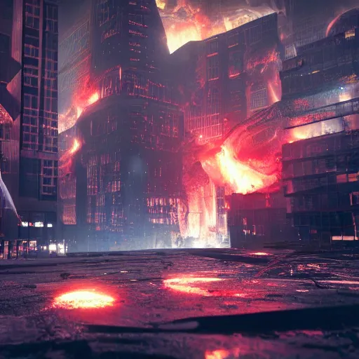 Image similar to a black hole is destroying a gothic cyberpunk City, catastrophic, fire and explosions, the feeling of dread, photorealistic, octane render, unreal engine