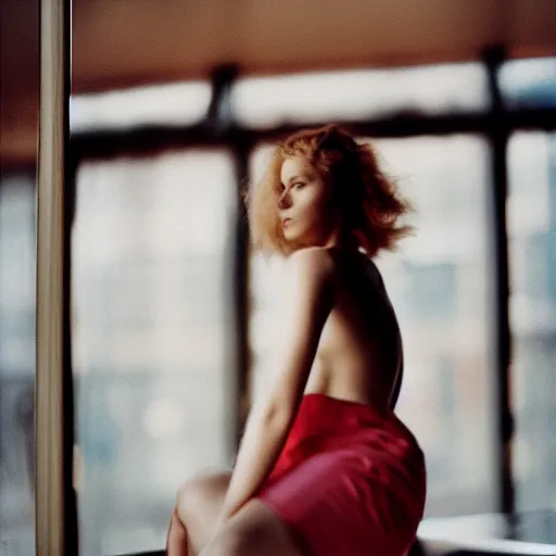 Image similar to realistic photoshoot for a new nike lookbook, color film photography, portrait of a beautiful blonde woman, in style of nan goldin, 35mm