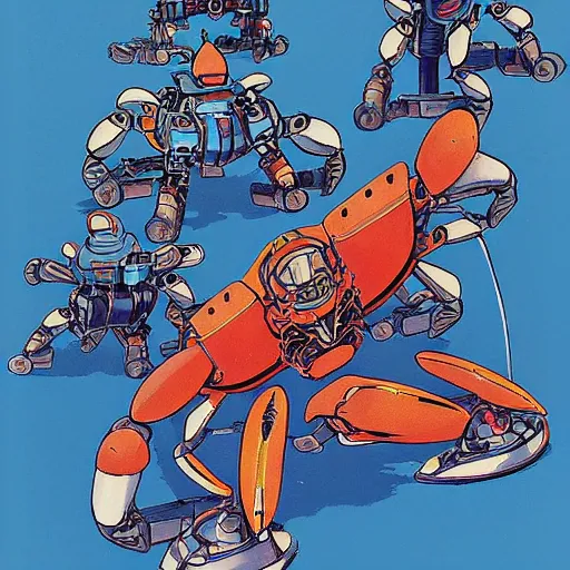 Prompt: crab mech on rollers by shirow masamune and moebius