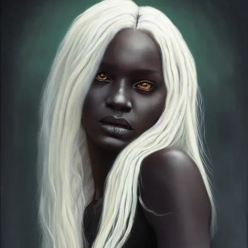 Prompt: a detailed matte oil on canvas head on symmetrical portrait of black skinned woman with! long white hair! and ( ( pale greenish ) ) hair, wearing a dark cotton shirt by charlie bowater, lise deharme, wlop, trending on artstationhd, dungeons and dragons art critical role