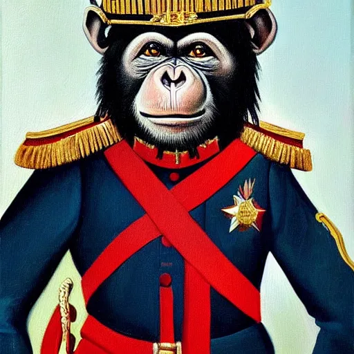 Image similar to An exquisite modern painting of a chimpanzee dressed like a bearded Napoleon with correct military uniform, no frames