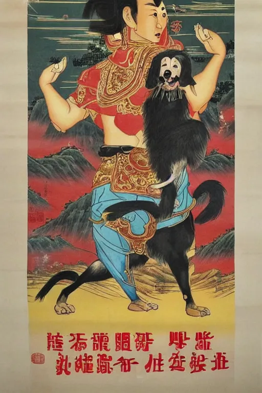 Image similar to chinese propaganda poster with dog as a god as the centerpiece, detailed face, gorgeous, amazing, flowing hair, very muscular male body