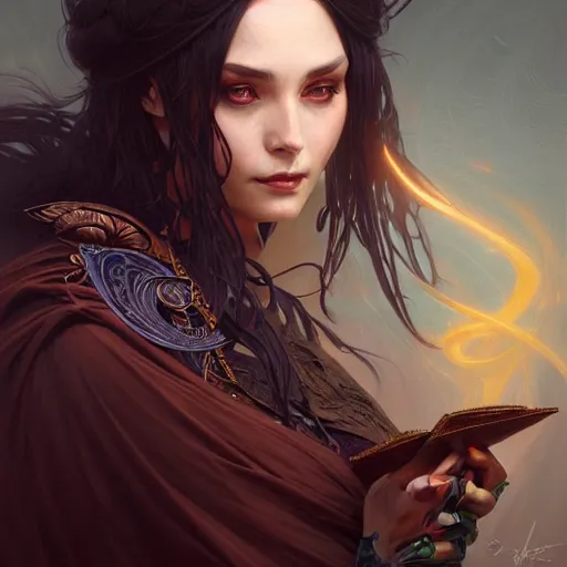 Image similar to Portrait of female sorceress, dark fantasy, medium shot, intricate, elegant, highly detailed, digital painting, artstation, concept art, smooth, sharp focus, illustration, art by artgerm and greg rutkowski and alphonse mucha