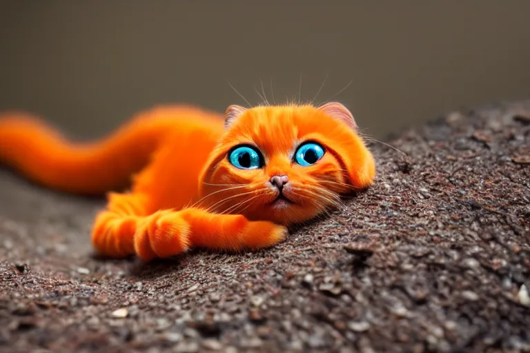 Prompt: orange cat caterpillar, big eyes, spiky feet, kodak photo, muted colors, depth of field