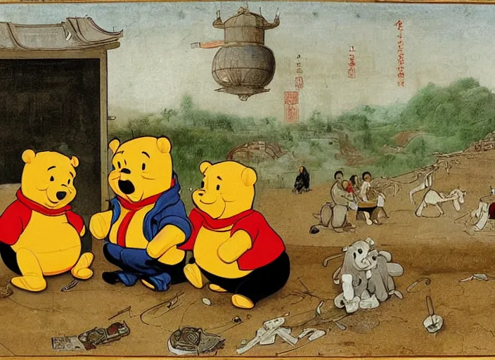 Prompt: portrait of Xi Jinping wearing a Winnie the Pooh onesie in a trashy Chinese dirt poor landfill, hungry, beta weak male, digital painting, concept art, smooth, sharp focus, illustration, from Slumdog Millionaire, by Hieronymus Bosch
