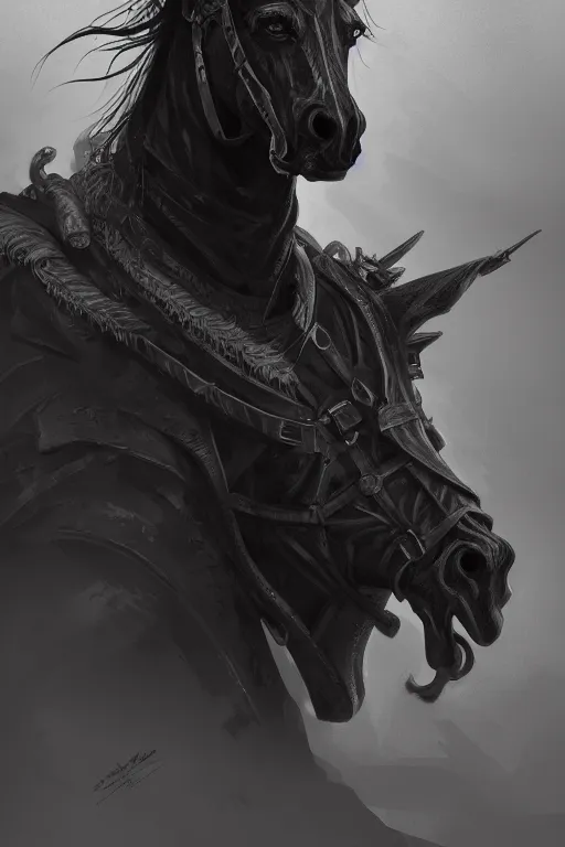 Image similar to a portrait of the horseman of the apocalypse, famine, grim - lighting, high - contrast, intricate, elegant, highly detailed, digital painting, artstation, concept art, smooth, sharp focus, illustration