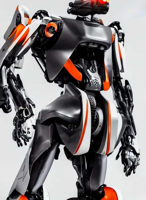 Image similar to a Photorealistic dramatic hyperrealistic full frame render of a Sleek futuristic exosuit Freedom Formula Racing Mech,Ultra realistic details,glossy white metal,Orange racing stripes,weathered surfaces,by Hidetaka Tenjin,Yoh Yoshinori,Yoji Shinkawa,Masamune Shirow,Beautiful dramatic dark moody tones and lighting,cinematic atmosphere,studio lighting,shadows,dark background, Octane render,8K