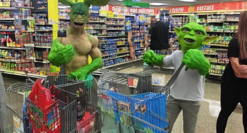 Image similar to a mix between Hulk and Yoda and Dobby and gollum buying groceries in a seven eleven, center frame medium shot, shot on technicolor cinemascope 35mm anamorphic lense, flare