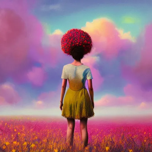 Image similar to large flower afro, full body, girl standing in the middle of a field with flowers, surreal photography, hills, sunrise dramatic light, impressionist painting, colorful clouds, digital painting, pointillism, artstation, simon stalenhag