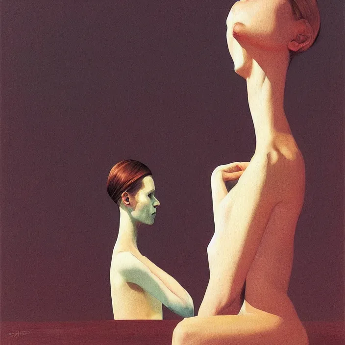 Image similar to portrait of a tall girl, Edward Hopper and James Gilleard, Zdzislaw Beksinski, highly detailed